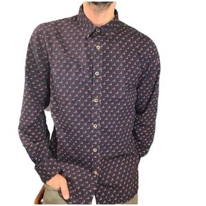 Denim & Flower Slim Fit Nay Blue Red Reindeer Patterned Christmas Shirt